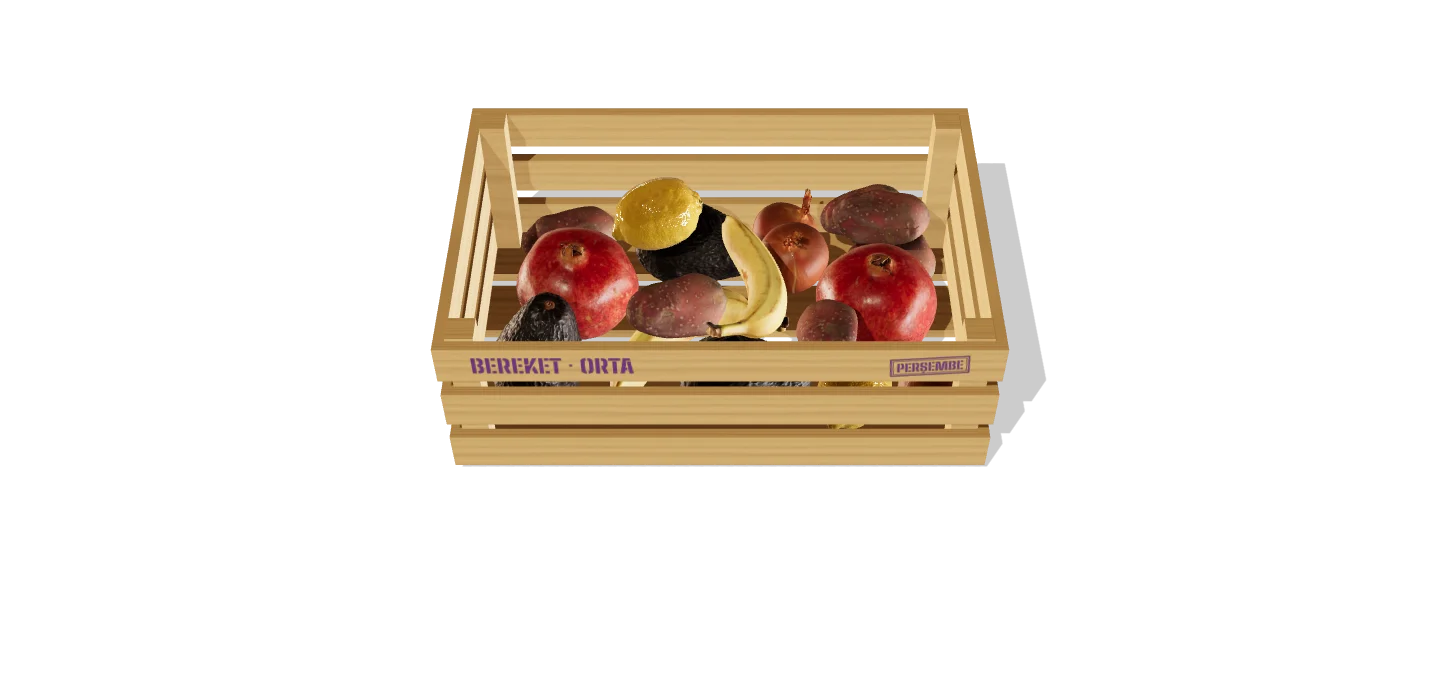 Ekim sonu örnek kasası: nar, limon, avokado, muz, tatlı patates ve kuru soğanla dolu tahta kasa.