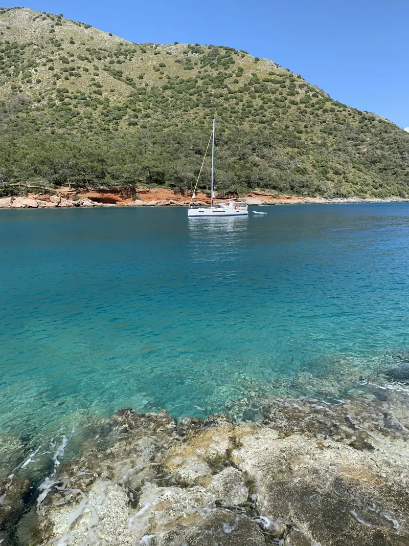Çam ağaçlı yamaçların önünde, turkuaz suda demirli beyaz bir tekne