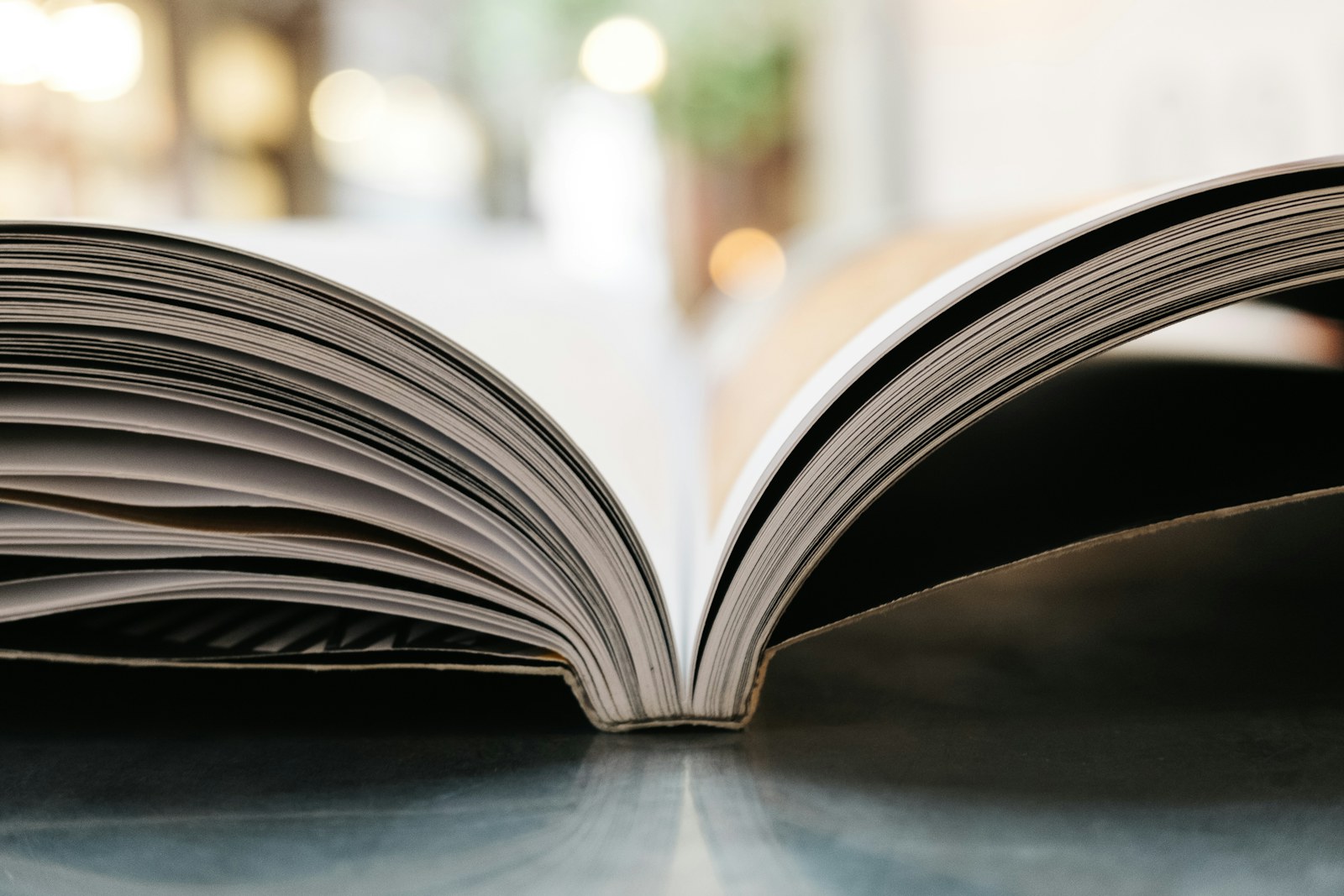Bulanık bir arka planın önünde, yaprakları kıvrılarak açılan kalın bir kitap